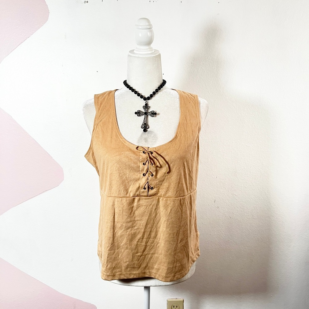 VTG Y2K 2000s Lace Up Tank Top Women's Large Babydoll Tan Faux Suede Westernโ